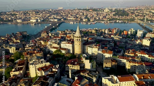 Galata Tower aerial view with Drone From Istanbul Turkiye.