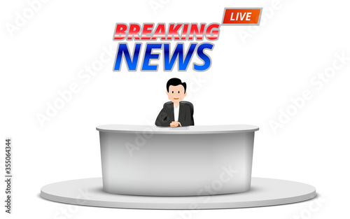 broadcaster at the white table in the the news studio room