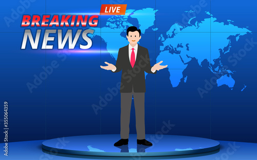  broadcaster on the blue stand with lcd background in the the news studio room