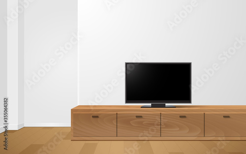 lcd tv on the wooden showcase and cabinet in the livingroom