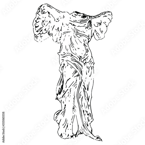 Nike of Samothace. Ancient Greek Hellenistic sculpture of winged goddess of victory. Hand drawn linear ink sketch. Black silhouette on white background.