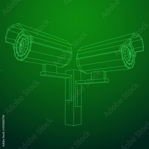 Modern video camera. Webcam viewing area. Safety, security concept. Wireframe low poly mesh vector illustration.