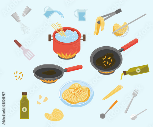 olive pasta cooking illustration set element, pot, alio, bowl, beaker, eating, noodle vector drawing hand drawn style