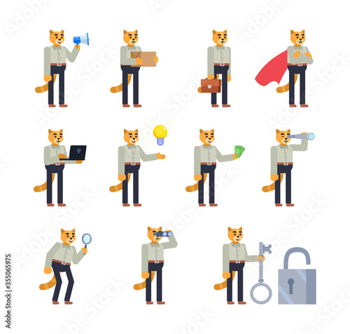 Set of dog characters in green sweater showing various actions. Cheerful dog holding loudspeaker, parcel box, laptop, magnifier and showing other actions. Flat design vector illustration
