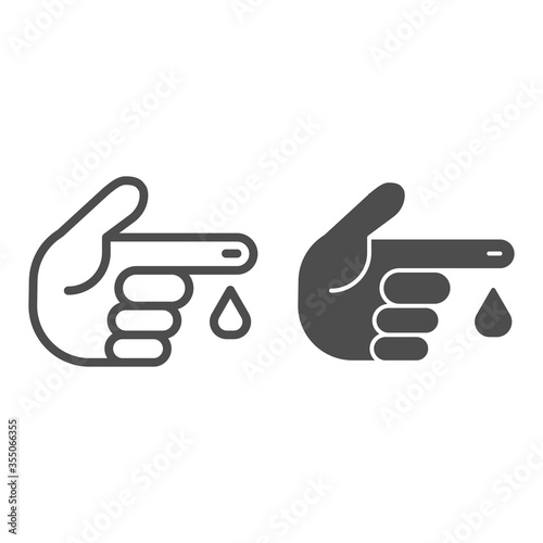 Hand with blood drop line and solid icon, Medicine concept, Blood test sign on white background, finger with droplet icon in outline style for mobile concept and web design. Vector graphics.