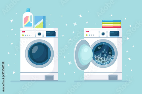 Opened and closed washing machine with stack of dry clothing and detergent isolated on background. 
Electronic laundry equipment for housekeeping. Vector flat design