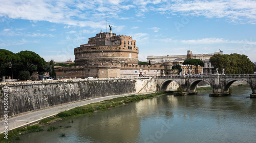 View of Castle Saint Angel, bridge with angels and a river from bridge Ponte Vittorio Emanuele II