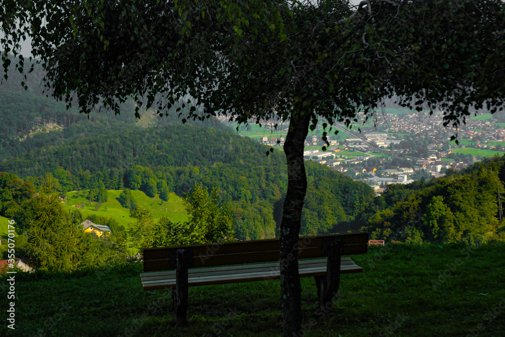 Bench situated under a tree that overlooks small village in lower Alps of Austria
