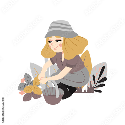 Gardener is harvesting. Working occupation. Cartoon character. Agriculture hobby. Garden job. Vector illustration Isolated white background