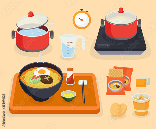 Ramen korean noodles, kitchenware illustration set. japan and korea food, instant noodle Vector drawing. Hand drawn style.