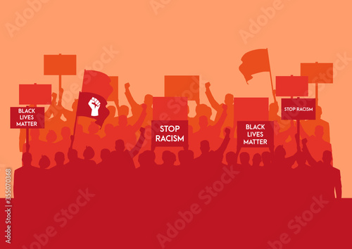 demonstration anti Racism protester, people hold anti racism banner, black lives matter, Stand up for racism. stop racism demonstration flat design vector illustration 