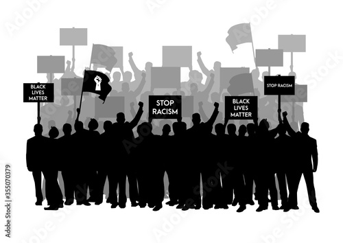 demonstration anti Racism protester, people hold anti racism banner, black lives matter, Stand up for racism. stop racism demonstration flat design vector illustration 