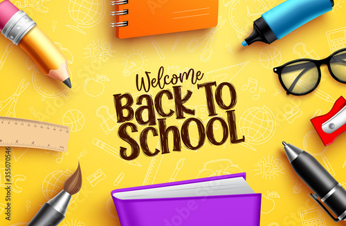 Back to school education banner. Back to school welcome text with colorful educational supplies, elements and items in yellow pattern background for kids learning designs. Vector illustration.

