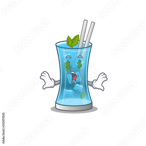 wealthy cartoon character concept of blue hawai cocktail with money eyes