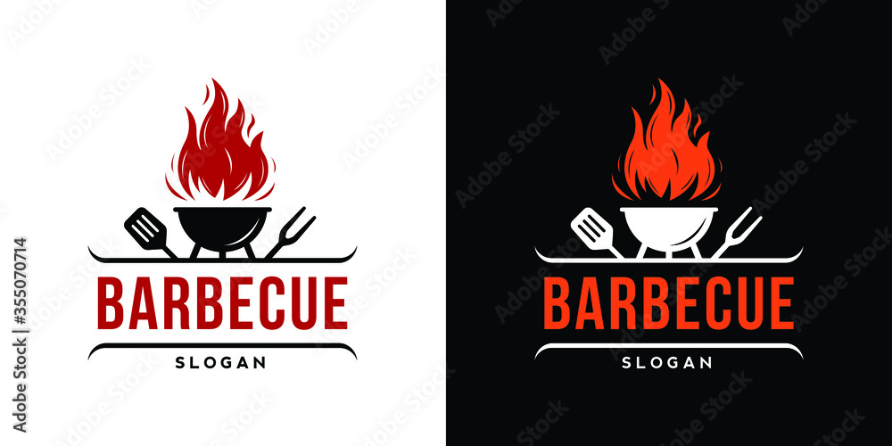 Barbecue restaurant - Logo icon of Barbecue, Grill and Bar with fire, grill  fork and spatula. BBQ logo template. Vector illustration vector de Stock |  Adobe Stock