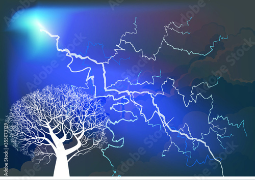 Dramatic thunderstorm with lightning arcing across a darkened cloudy sky with stylised tree silhouetted white by the lightning