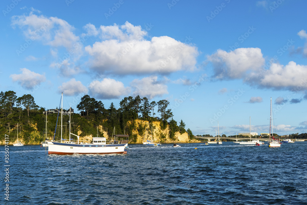 Landscape Scenery Boats Around Herald Island Wharf, Auckland New Zealand