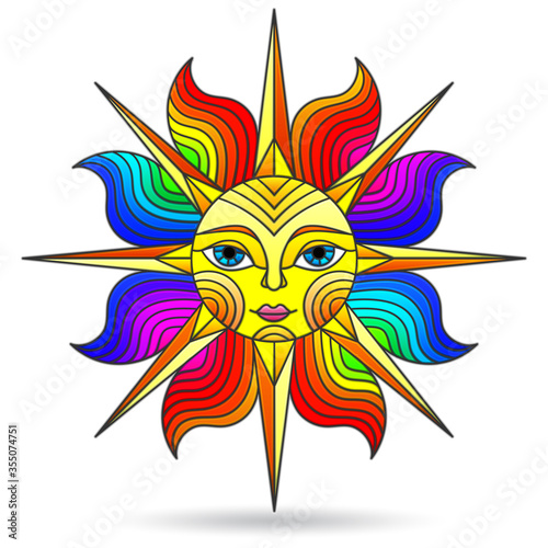 Illustration in stained glass style with sun with face on a white background isolated © Zagory