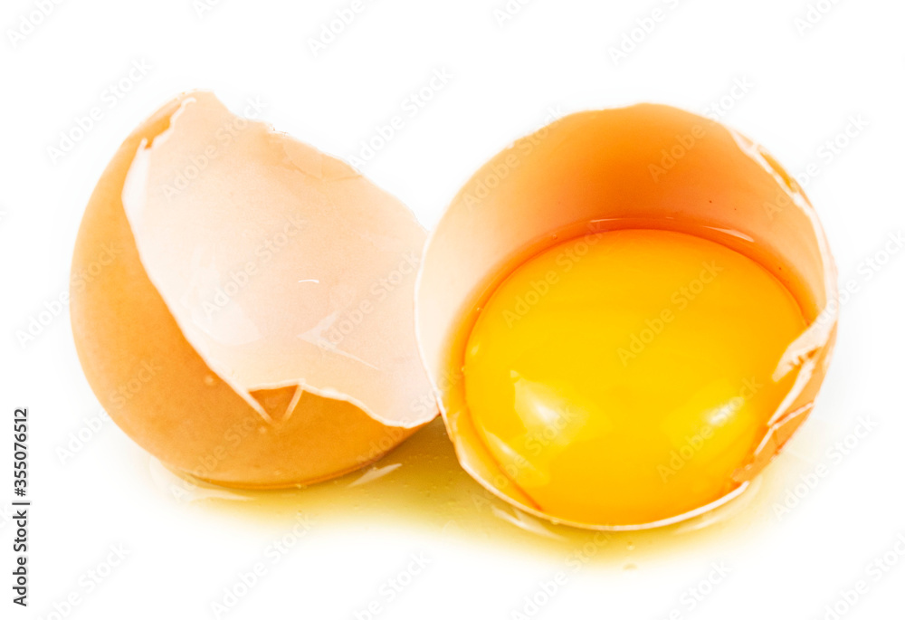 The hen's egg is visible, with a yellowish yellow inside on a completely separate white background.