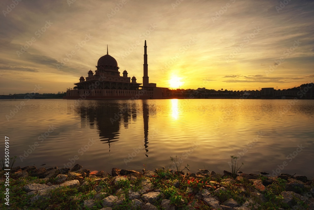 Beautiful mosque during sunrise in Putrajaya, Malaysia