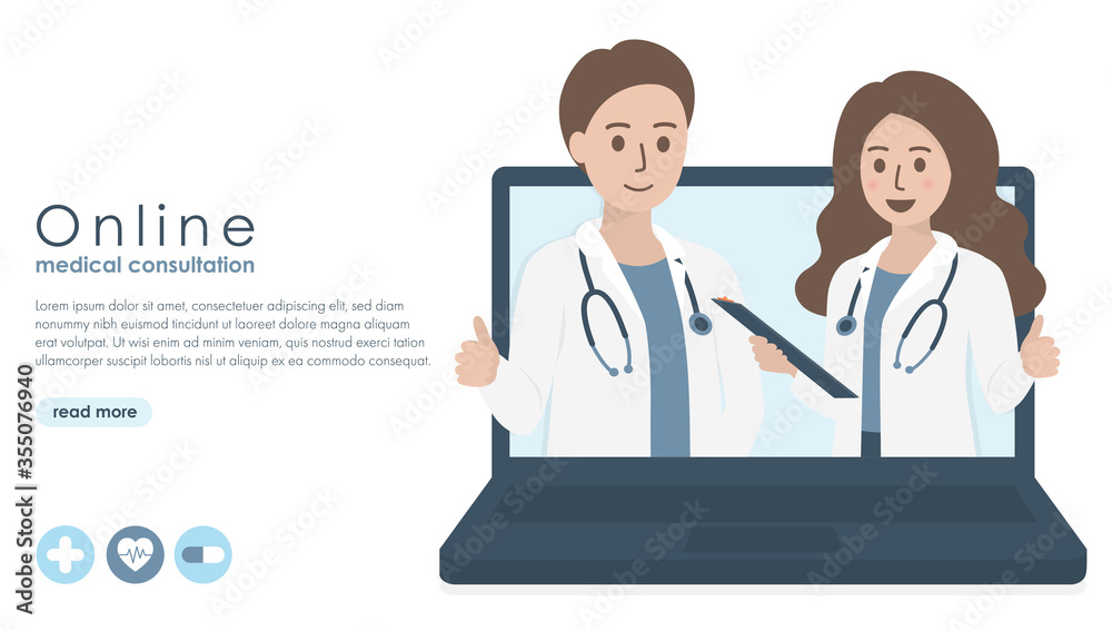 Computer screen of doctor with stethoscope, patient medical records and health icons. Online doctor, medical consultation and healthcare concept. Flat vector illustration. Copy space for text. Computer screen of doctor with stethoscope, patient medical records and health icons. Online doctor, medical consultation and healthcare concept. Flat vector illustration. Copy space for text.
