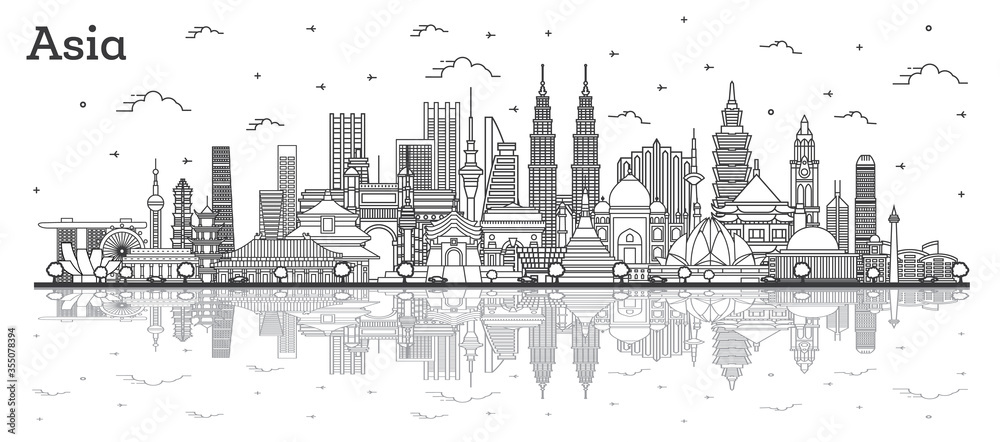 Asian Landscape. Outline Famous Landmarks in Asia with Reflections.