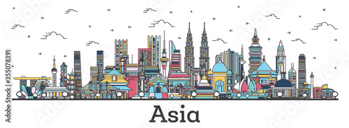 Asian Landscape. Outline Color Famous Landmarks in Asia.