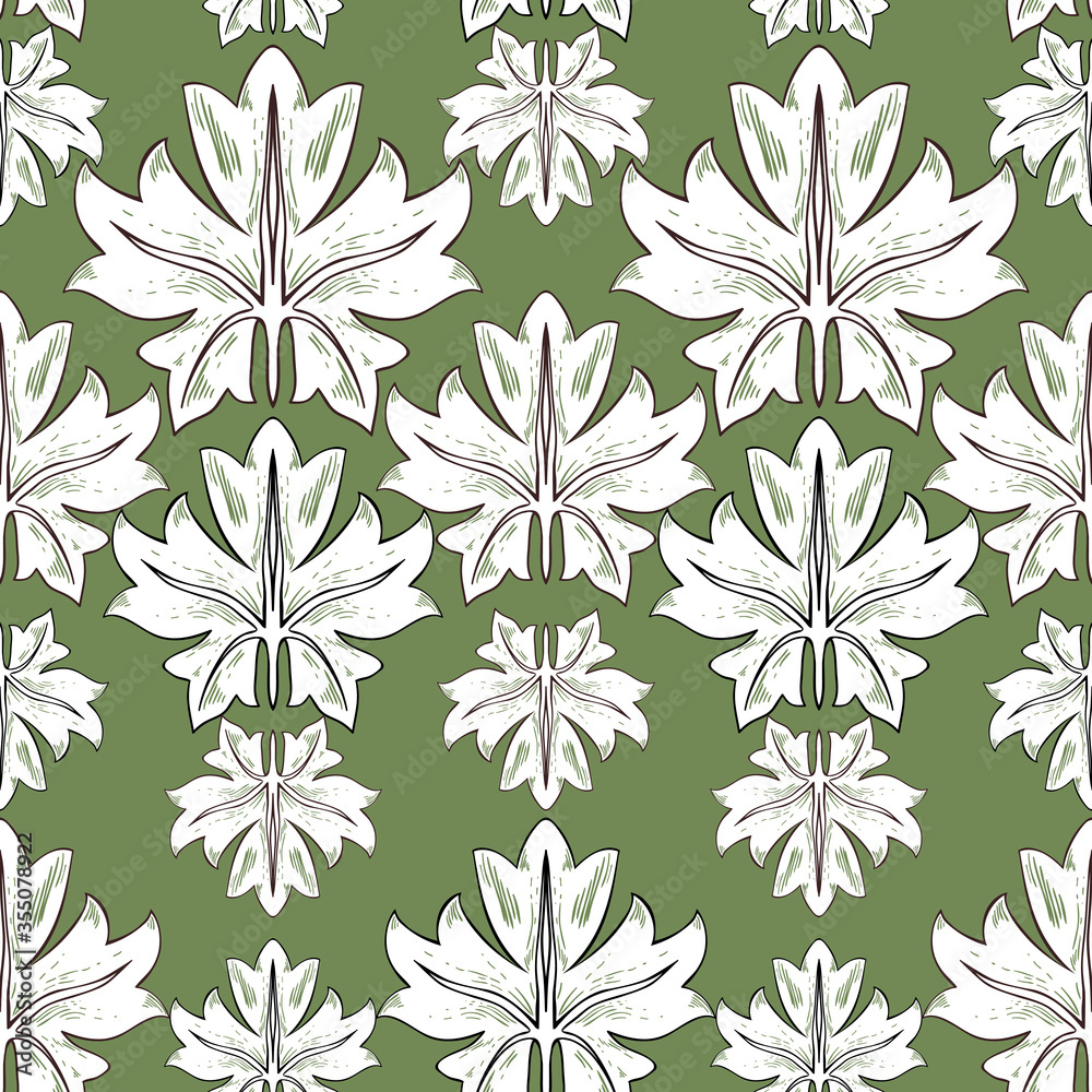 Pattern of white leaves on a green background