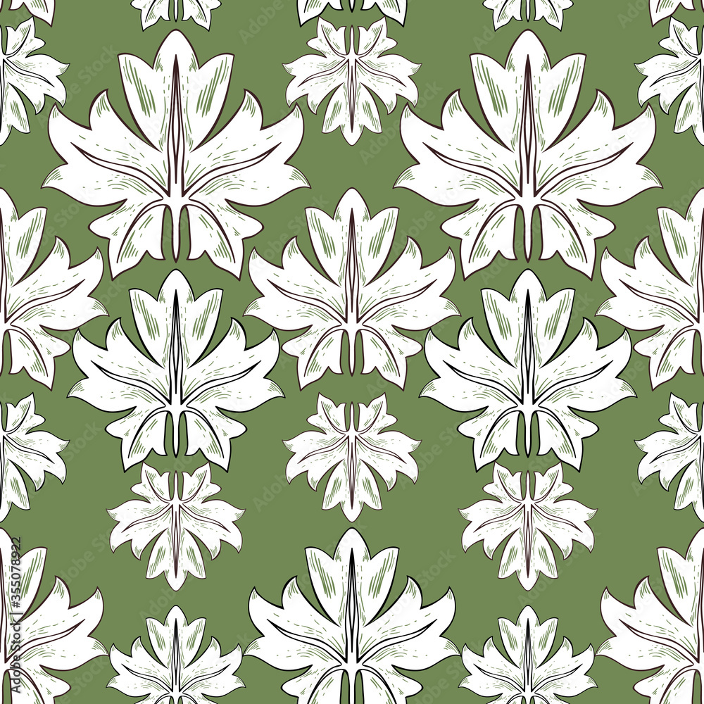 Fototapeta premium Pattern of white leaves on a green background