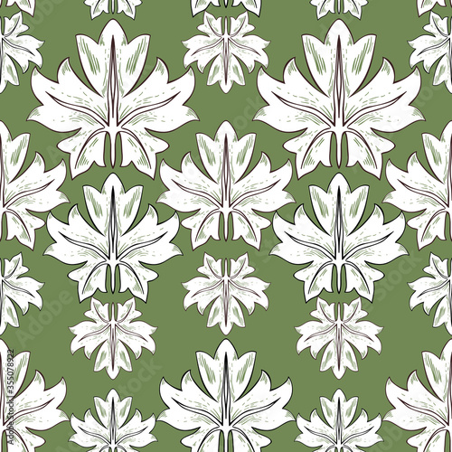 Pattern of white leaves on a green background