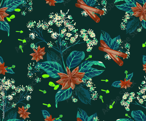 Seamless pattern with sketch of handmade perfumery and cosmetics ingredients. Vintage background with aromatic plants for the aromatic industry. Herbs and Spices Illustrations Herbal Ingredients