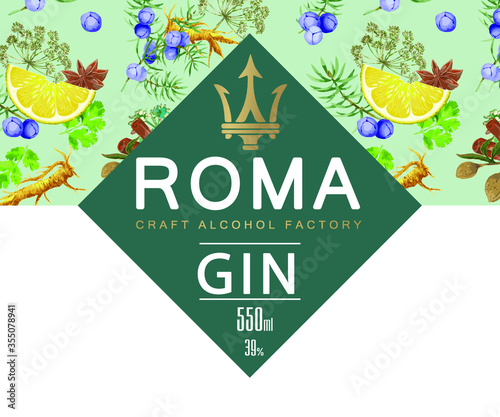 gin label Herbal ingredients What gin, Angelica root, Almonds, Juniper berries, Coriander seeds, lemon ZEST, Cinnamon, Liquorice, Vintage background with aromatic plants for the fragrant industry.