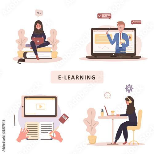Online education. Flat design concept of training and video tutorials. Student learning at home. Vector illustration for website banner, marketing material, presentation template, online advertising.