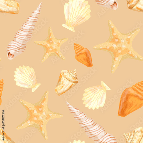 Starfish and shells on a isolated background. Seamless pattern. Vector illustration made in watercolor style.