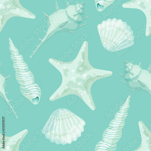 Green Starfish and shells on a green background. Seamless pattern. Vector illustration made in watercolor style.