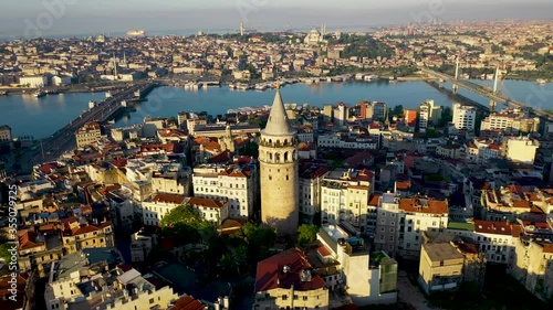 Galata Tower aerial view with Drone From Istanbul Turkiye.