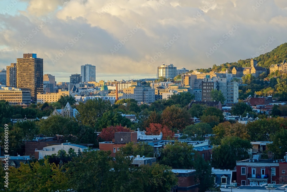 Obraz premium View of the part of the ascent of mount Royal, which is closer to Down Town, taken on a long lens from the side of the Plateau area from the 10th floor. Colourful trees around mount Royal