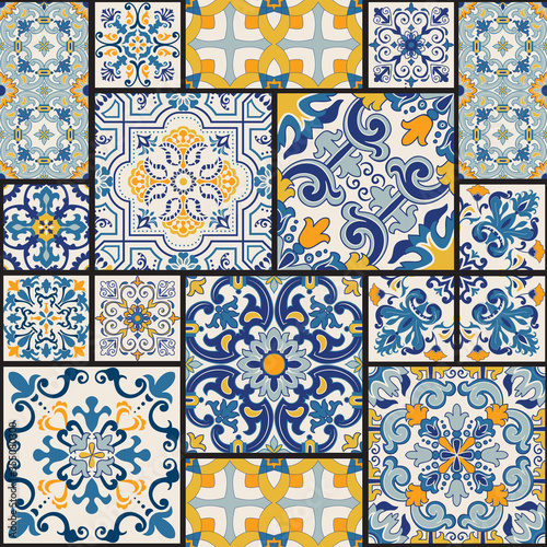 Seamless colorful patchwork tile with Islam, Arabic, Indian, ottoman motifs. Majolica pottery tile. Portuguese and Spain azulejo. Ceramic tile in talavera style. Vector illustration.