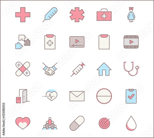 Set of Medicine vector line icons. It contains the first aid kit, nurse, syringe, thermometer, plastic, pills, heart, drop of blood, palpitation and much more. Editable Stroke. 32x32 pixels.