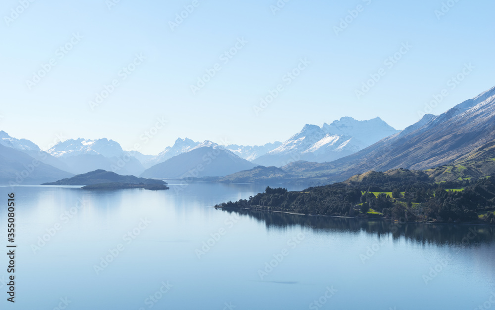 Glenorchy Panoramic Views; Lake Wakatipu, Central Otago New Zealand; Views to Mt. Alfred, Mt. Earnslaw And Paradise