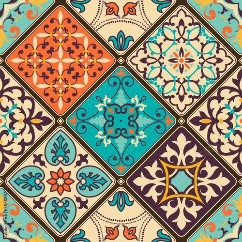 Seamless colorful patchwork tile with Islam, Arabic, Indian, ottoman motifs. Majolica pottery tile. Portuguese and Spain decor. Vector illustration