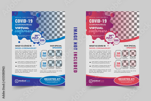 Coronavirus and Covid 19 virtual Conference Flyer Template Design with a4 size,Flyer design for Covid-19 Coronavirus concept, COVID-19 dangerous virus flyer poster brochure