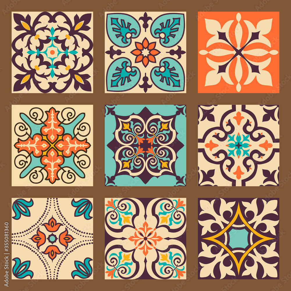Collection of 9 colorful tile with Islam, Arabic, Indian, Ottoman motifs. Majolica pottery tile. Portuguese and Spain azulejo. Ceramic tiles. Vector illustration