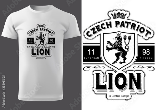 White T-shirt Design with Lettering Czech Patriot Lion - Black and White Graphic Design, Vector Illustration