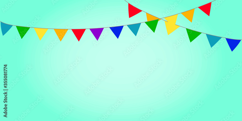 A garland of flags and pennants for a party and birthday. Carnival hanging chain on a green background.