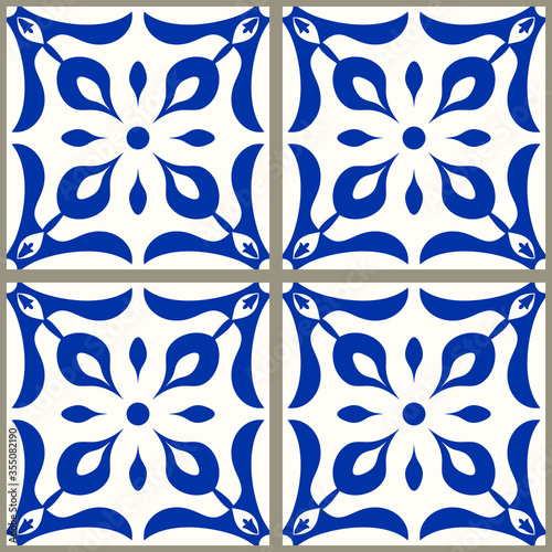 Majolica pottery tile, blue and white azulejo, original traditional Portuguese and Spain decor. Seamless patchwork. Hand drawn pattern. Ceramic tile in talavera style. Vector illustration