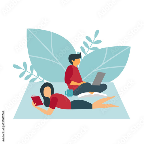 Man Is cozy sitting and working with laptop computer. Woman is reading book nearby him. Couple activities in park or garden. Husband and wife stay at home. Cute romantic couple activity flat design.