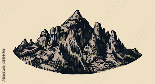 Mountain peaks, vintage rock, old highlands range. Chamonix-Mont-Blanc. Hand drawn vector Alps sketch in engraved style. Vector illustration for Hiking card, climbing banner, tattoo or label.