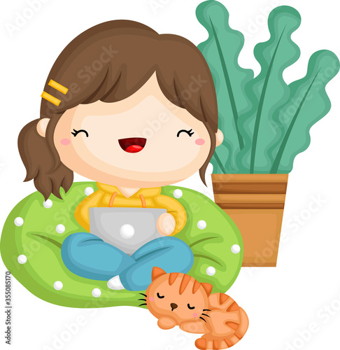 a vector of a girl working from her beanbag
