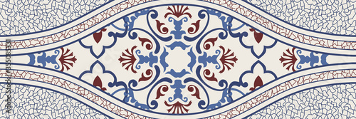 Majolica pottery tile, blue, brown and gray azulejo, original traditional Portuguese and Spain decor. Seamless border with Victorian motives. Vector illustration.